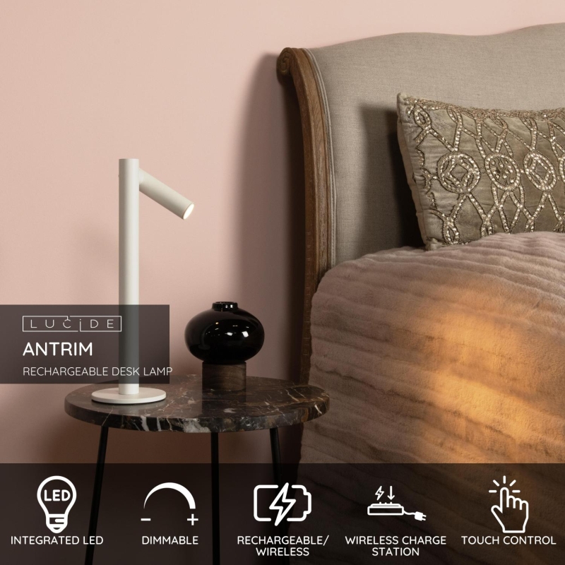 Lucide ANTRIM - Nabíjacia stolová lampa - Batéria - LED Dim. - 1x2,2W 2700K - IP54 - S bezdrôtovou nabíjacou podložkou - Biela